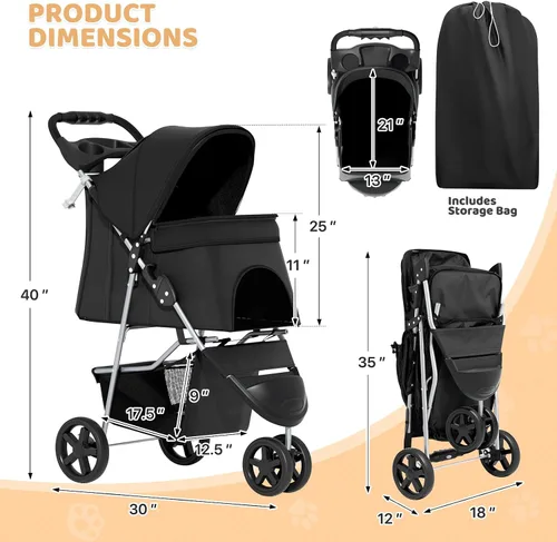 Vista 2 de Magshion Cochecito para mascotas de 3 ruedas, cochecito de viaje plegable para perros y gatos pequeños y medianos (hasta 33 libras), transportador