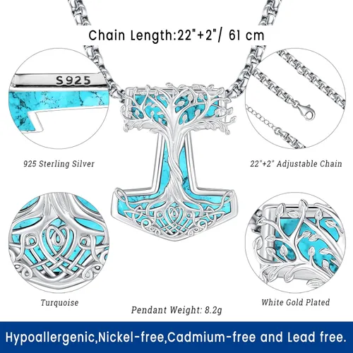 Vista 98 de Joyas de turquesa para mujeres y hombres de plata de ley 925 con colgante de urna para cenizas, collar con medallón de imagen, martillo de Thor