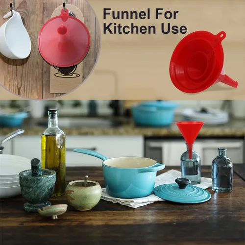 Vista 5 de KongNai Juego de 4 embudos de plástico para uso en cocina y automóvil, embudo pequeño, mediano y grande para llenar botellas, enlatar, cocinar, Rojo