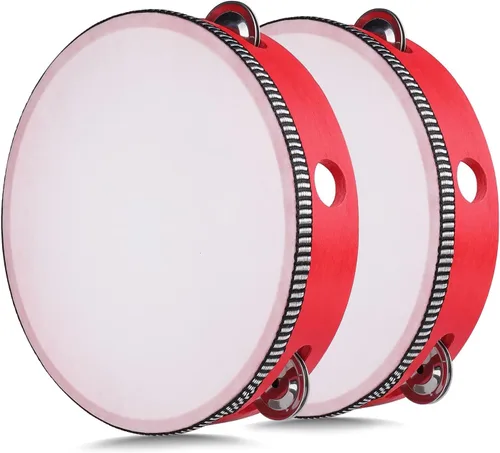 Vista 13 de Flexzion Pandereta de madera de mano para adultos de 6 pulgadas, doble fila de 8 pares de jingles (rojo) - Instrumento musical de pandereta redonda