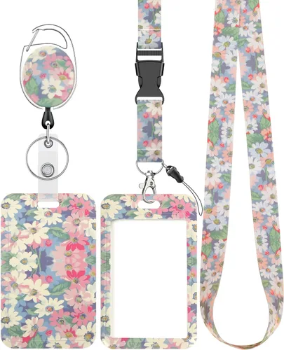 Vista 41 de Uniclife Porta credenciales deslizante floral con carrete retráctil y mosquetón con clip para cordón desmontable, protector de tarjeta vertical