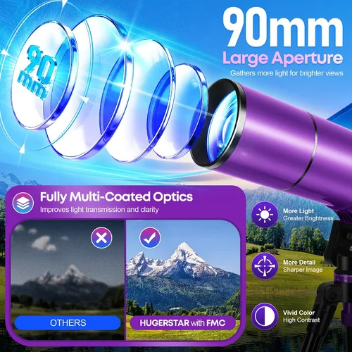 Vista 3 de Telescope for Adults & Kids, 90mm Aperture 600mm Refractor Telescope for Astronomy Beginners, Portable Travel Telescopes with Tripod, Phone Adapter