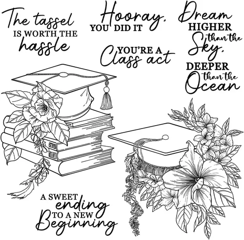 Vista 4 de Juego de libros de graduación y flores, sellos y troqueles transparentes para hacer tarjetas, suministros de álbumes de recortes, sellos de silicona