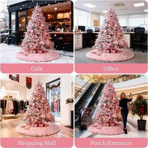 Vista 7 de Falda de árbol de Navidad de 72 pulgadas, decoración de árbol de Navidad rosa para interiores, cuello de árbol de lentejuelas, alfombra de felpa