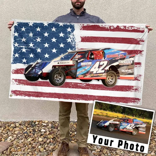 Vista 12 de Sprint Car Racing - Foto personalizada, nombre y número de carreras de bandera estadounidense a cuadros para amantes de las carreras de pista
