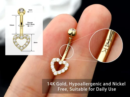 Vista 2 de Melighting Piercing para ombligo de oro real de 14 quilates, joyería de piercing de ombligo de corazón con circonita cúbica transparente, joyería