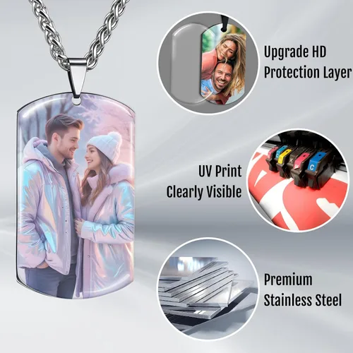 Vista 4 de Collar con Foto Personalizada, Collar Personalizado para Hombres, Collar Grabado Personalizado con Foto y Texto, Regalos Conmemorativos