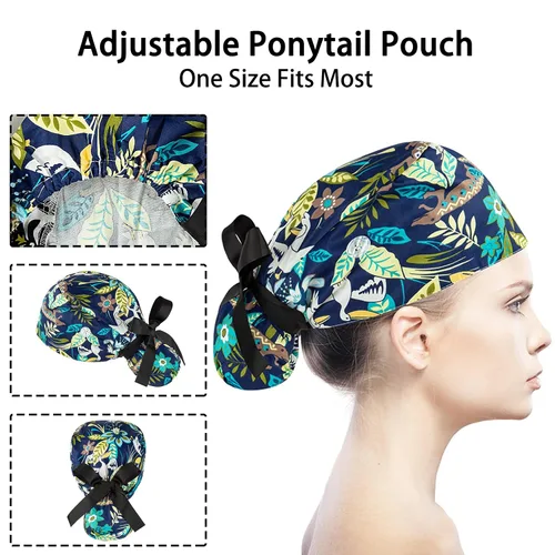 Vista 5 de Gorras de Exfoliación para Mujer Bouffant, Gorras de Exfoliación Ajustables, Gorra de Trabajo con Bolso para Cola de Caballo, Gorra de Ducha