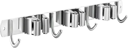 Vista 9 de Soporte para escoba y trapeador montado en la pared, estante de almacenamiento para escobas, colgador de trapeador de acero inoxidable, soportes