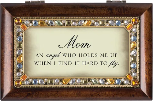 Vista 3 de Cottage Garden Caja de música con texto en inglés "Mom an Angel Hold Me Up", tono tierra ámbar, reproduce el viento debajo de mis alas