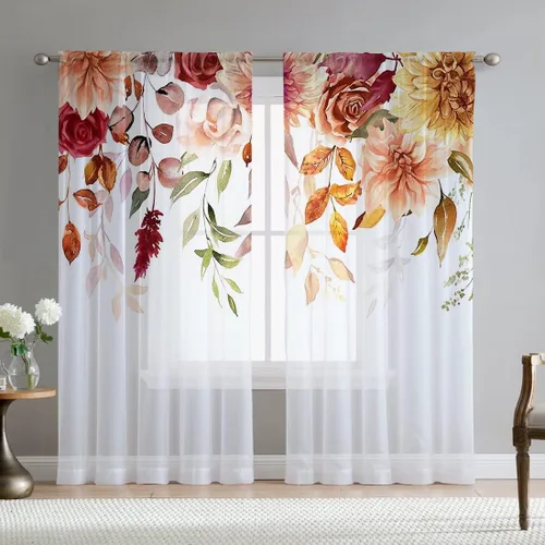 Vista 16 de Cortinas de hojas de eucalipto verdes para sala de estar de 63 pulgadas de largo, juego de 2 paneles elegantes de flores silvestres con estampado