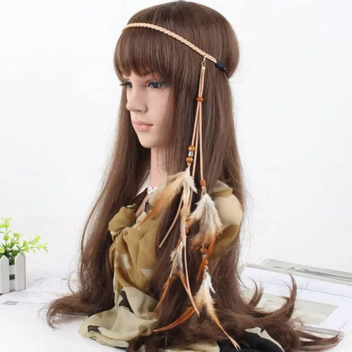 Vista 11 de Jumwrit Diadema de plumas bohemias, diadema india hippie gitana, tocado con borlas de plumas negras, cuerda de cáñamo con cuentas, accesorios