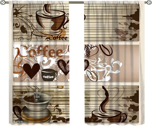 Vista 14 de Cortinas de cocina con temática de café, juegos de 2 paneles, 42 x 45 pulgadas, patrón de fiesta de té para decoración de café Estilo-5