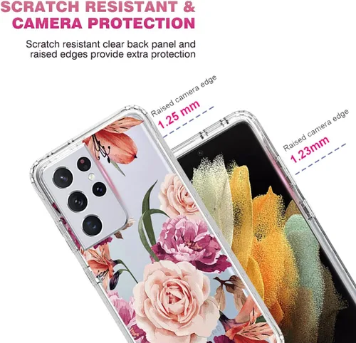 Vista 2 de Funda para Galaxy S21 Ultra 5G, SM-G998U con protector de pantalla de vidrio templado, cuerpo completo transparente con protección floral