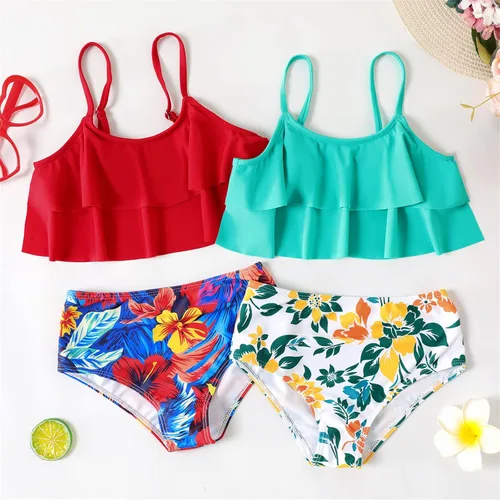 Vista 7 de PATPAT Trajes de baño de dos piezas con estampado floral tropical para niñas, 2 piezas