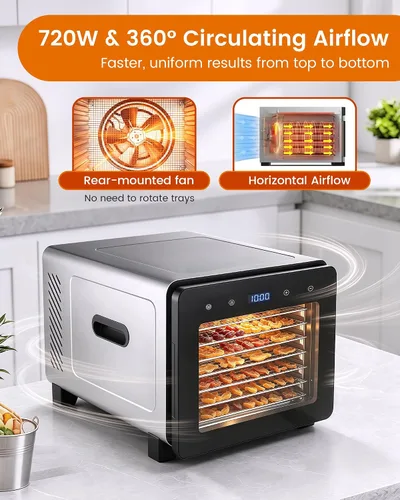 Vista 10 de Máquina deshidratadora de alimentos, secadora de acero inoxidable de 720 W con 8 bandejas con puerta de ventana transparente, control digital