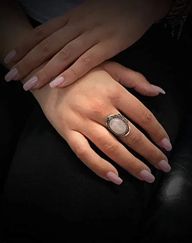 Vista 3 de Mia Jewel Shop Anillo ajustable ovalado semiprecioso de cristal curativo con borde de metal plateado, joyería hecha a mano para mujer, accesorios