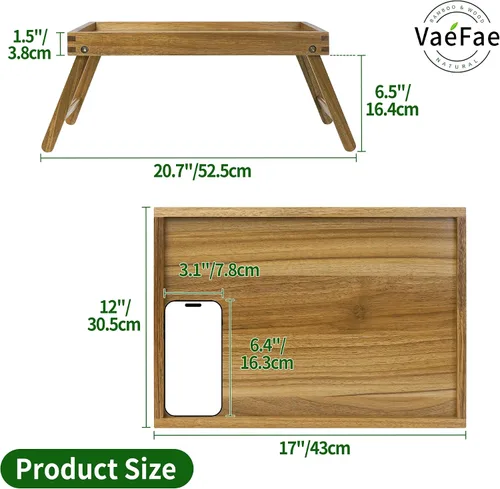 Vista 3 de VaeFae Bandeja de mesa de cama de acacia, bandeja de desayuno de madera con patas plegables, bandeja de cama para comer y computadora portátil