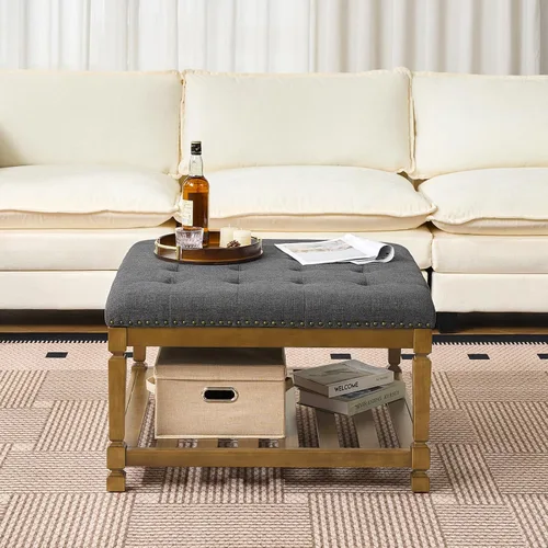 Vista 4 de Otomana con banco de almacenamiento, mesa de centro otomana de lino, gris oscuro Solid frame for added stability, 3.2-inch storage ottoman cushion
