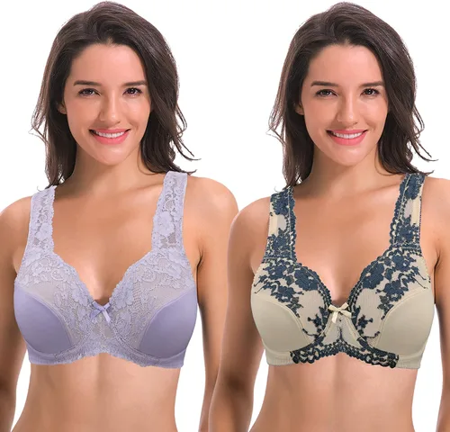 Vista 20 de Curve Muse Brasier reductor sin forro con aros para mujer con bordado de encaje, paquete de 2