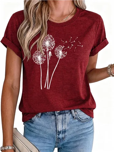 Vista 4 de MaQiYa - Camiseta de verano con estampado de diente de león para mujer, diseño vintage Negro