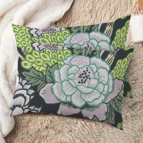 Vista 80 de Juego de 2 almohadas coloridas de estilo chinoiserie, color rosa intenso, azul real, peonía, floral, blanco, lino, estilo chinoiserie, para sofá