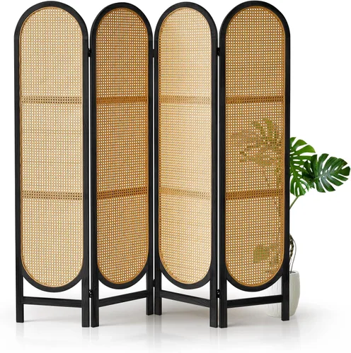 Vista 9 de Divisor de habitación de ratán arqueado de 5.6 pies, pantalla de privacidad plegable, 4 paneles independientes con bisagras dobles, divisor