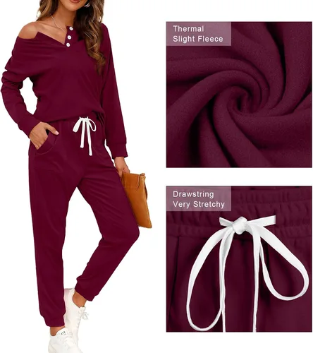 Vista 14 de Wiholl - Conjuntos de dos piezas para mujer: ropa cómoda con sudadera abotonada y pantalones deportivos con bolsillos