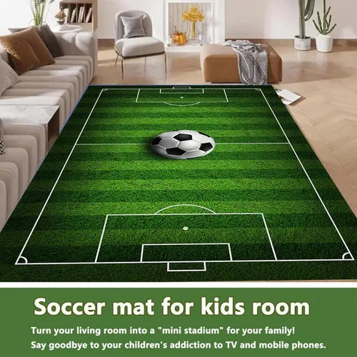 Vista 6 de Alfombra de campo de fútbol infantil de 2 x 3 pies para dormitorio de niños, alfombra de campo de fútbol verde antideslizante, alfombra