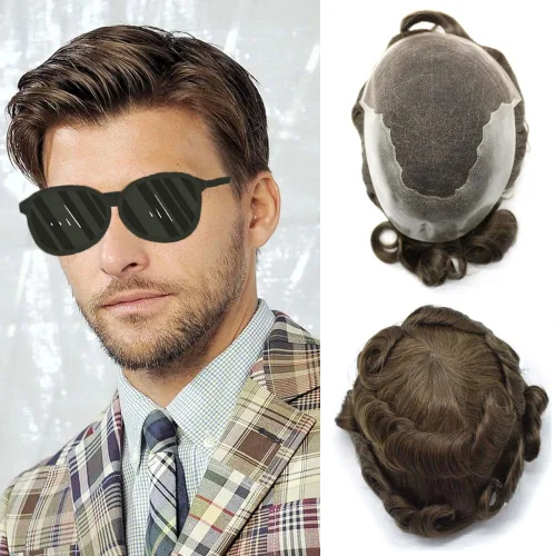 Vista 44 de Mens Toupee Swiss Lace Mens Hair Piece Sistema de reemplazo de cabello para hombres Toupee para hombres Cabello humano nudo blanqueado protesis