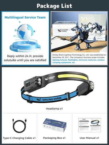 Vista 7 de Smiling Shark TD-0123-S - Linterna frontal ultrabrillante de 2400 mAh, recargable con sensor de movimiento manos libres, lámpara de cabeza LED