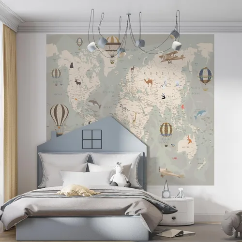 Vista 4 de Papel tapiz de mapa del mundo para niños con animales, calcomanías educativas para despegar y pegar, murales de guardería para bebés, niños