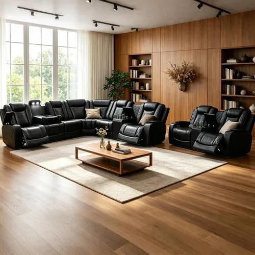 Vista 28 de Juego de sofá seccional reclinable de cuero, sofá seccional con 4 sillones reclinables Juegos de muebles de sala con 3 reclinables, luz LED
