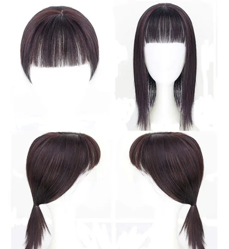 Vista 2 de Parte media recta para cabello con flequillo limpio para cabello fino para mujer, postizo de frente de 14 pulgadas, marrón oscuro