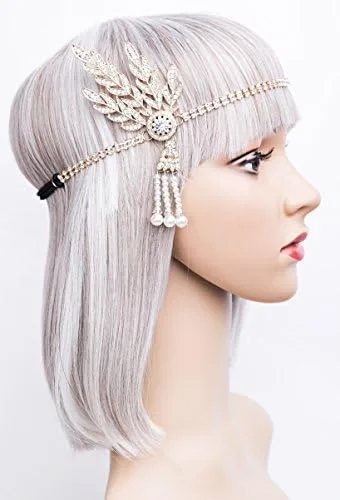 Vista 2 de Cizoe Art Deco 1920s Flapper Great Gatsby Leaf Wedding Bridal Tiara Pearl Headpiece