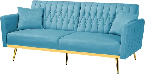 Vista 8 de Sofá cama futón de terciopelo de 70 pulgadas con reposabrazos ajustables, color azul bebé