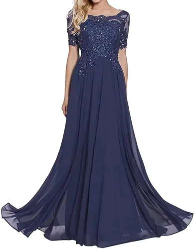 Vista 2 de Vestido formal de gasa de manga corta con apliques de encaje para mujer