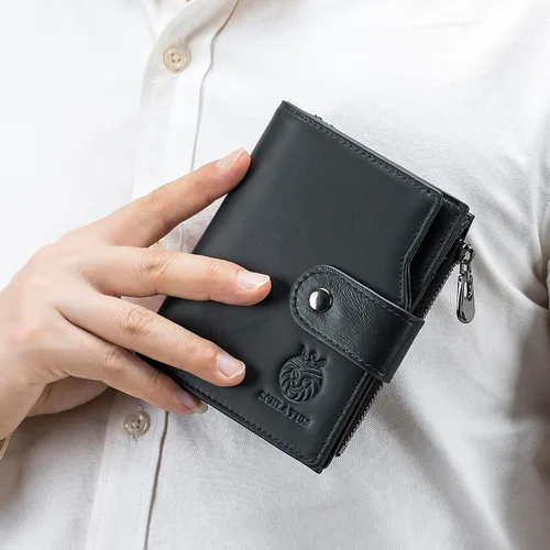 Vista 64 de LUKZIJAES Billetera de cuero genuino para hombre, con bloqueo RFID, delgada, plegable, bolsillo frontal, #3-Café, Vintage