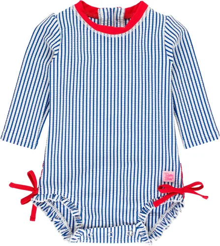 Vista 16 de RuffleButts - Traje de baño de una pieza con mangas largas, de seersucker, con protección solar UPF 50+ para bebé/niñas Seersucker de plátano