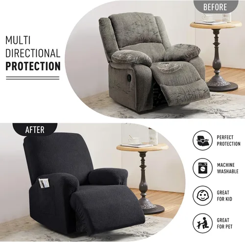Vista 3 de KinCam Fundas para Reclinables, Fundas Elásticas para Sillas Reclinables, Fundas para Sofá Reclinable con Rayas Jacquard, Fundas Protectoras de Negro