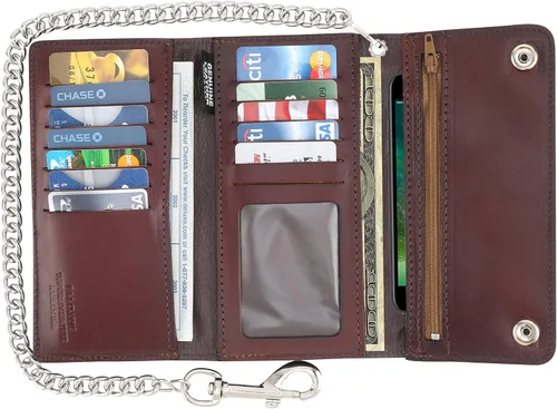 Vista 2 de RFID bloqueo de tres pliegues vintage de cuero de vaca de estilo largo con cadena tarjetero cartera, hecho en Estados Unidos