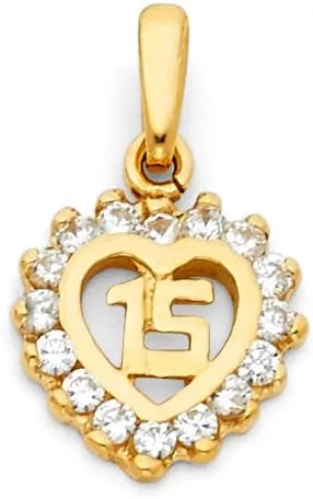 Vista 2 de Colgante de oro amarillo de 14 quilates, dulce quinceañera, corazón de quinceañera, circonita cúbica, con collar de cadena Valentino de 0.059 in