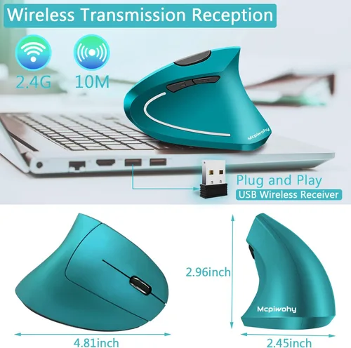 Vista 7 de Ratón ergonómico, ratón vertical óptico recargable USB de 2.4 GHz inalámbrico con 6 botones, 3 ajustables 120016002400 DPI para laptop, escritorio