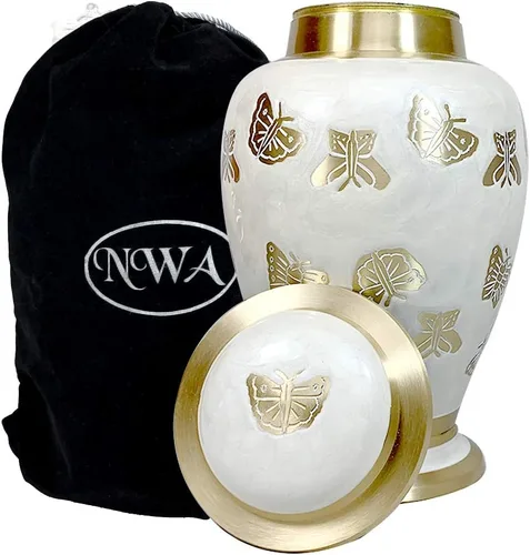 Vista 4 de Urna de cremación de mariposa con personalización, blanco perla y oro, urna de cremación humana para adultos con recuerdo a juego y bolsas