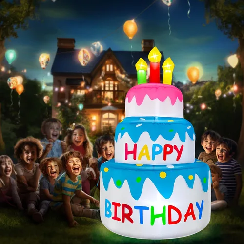 Vista 2 de Decoraciones inflables de pastel de cumpleaños feliz de 4 pies para exteriores con luces, decoración hinchable de fiesta de cumpleaños de días