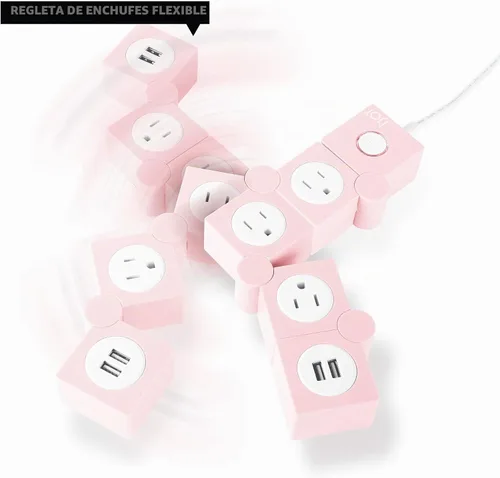 Vista 8 de iJoy - Tira de enchufes flexible: 3 salidas de corriente alterna y 2 puertos de carga USB con cable de extensión rosa, tiras de enchufes