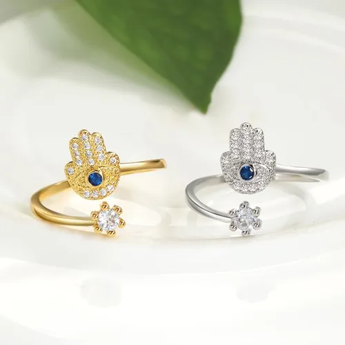 Vista 4 de YILUOCD Hamsa - Anillo de mano contra el mal de ojo para mujer, anillo de mano de Fátima Hamsa de ojo malvado, anillo de circonita cúbica azul