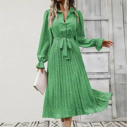 Vista 4 de Vestido floral midi de otoño de manga larga suave con lazo en la cintura, lindo vestido casual con solapa camisa plisada vestido 2023 vestidos