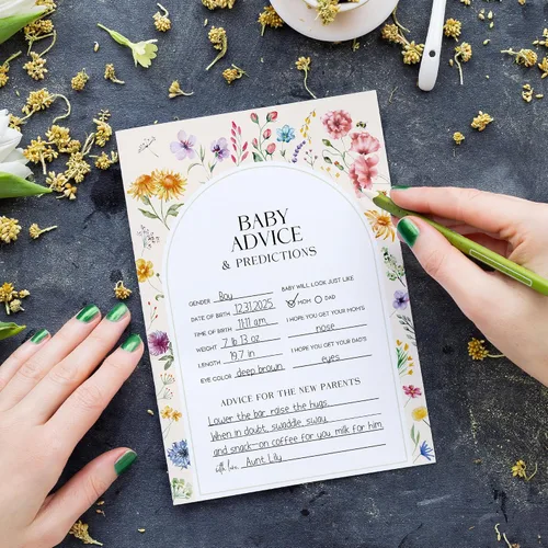 Vista 3 de JOETMAE Tarjetas de juegos de baby shower de 5 x 7 pulgadas, predicciones florales y tarjeta de consejos, 50 tarjetas grandes de predicciones