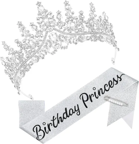 Vista 12 de CAVETEE Corona y banda de princesa de cumpleaños, corona de cumpleaños con banda de purpurina para decoraciones de fiesta de princesa para mujer Oro